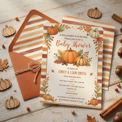 Watercolor Little Pumpkin Fall Baby Shower  Invitation