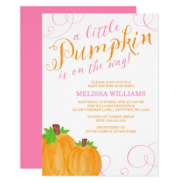 Watercolor Little Pumpkin Fall Girl Baby Shower Invitation