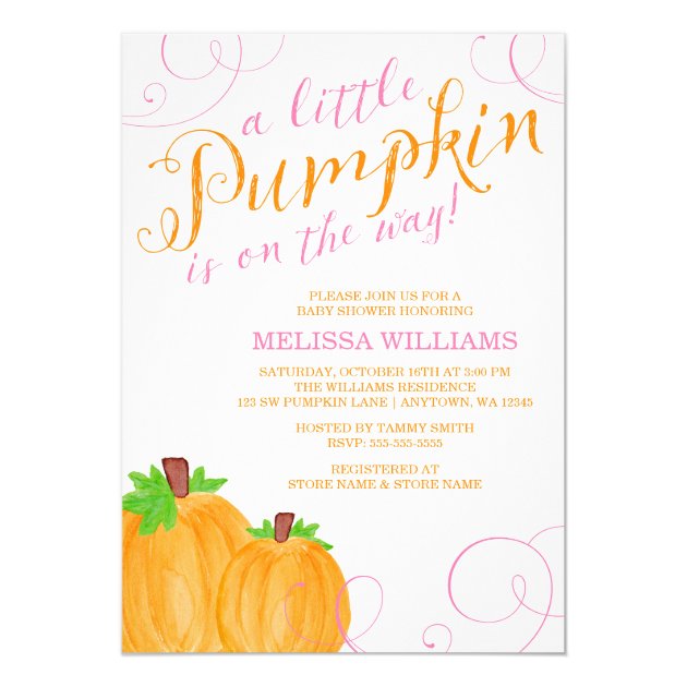 Watercolor Little Pumpkin Fall Girl Baby Shower Invitation