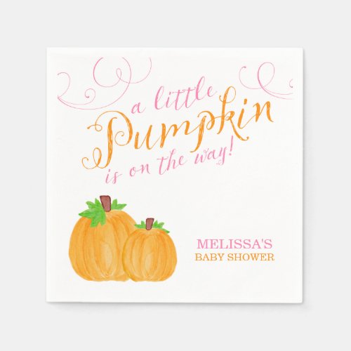 Watercolor Little Pumpkin Fall Girl Baby Shower Napkins