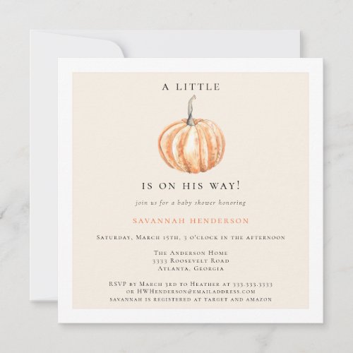 Watercolor Little Pumpkin On The Way Baby Shower Invitation