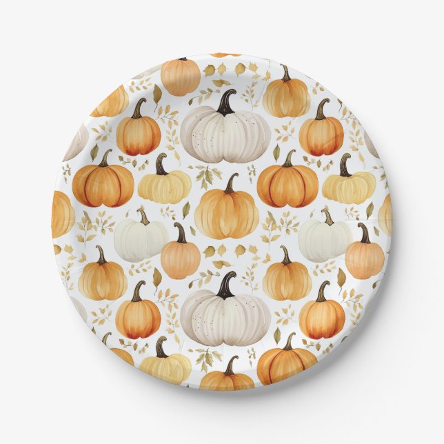 Watercolor Little Pumpkin Patterned Paper Plates (Front)
