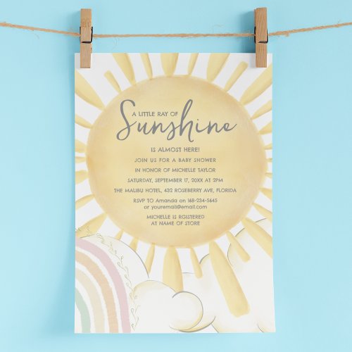 Watercolor Little Ray Of Sunshine Baby Shower Invitation