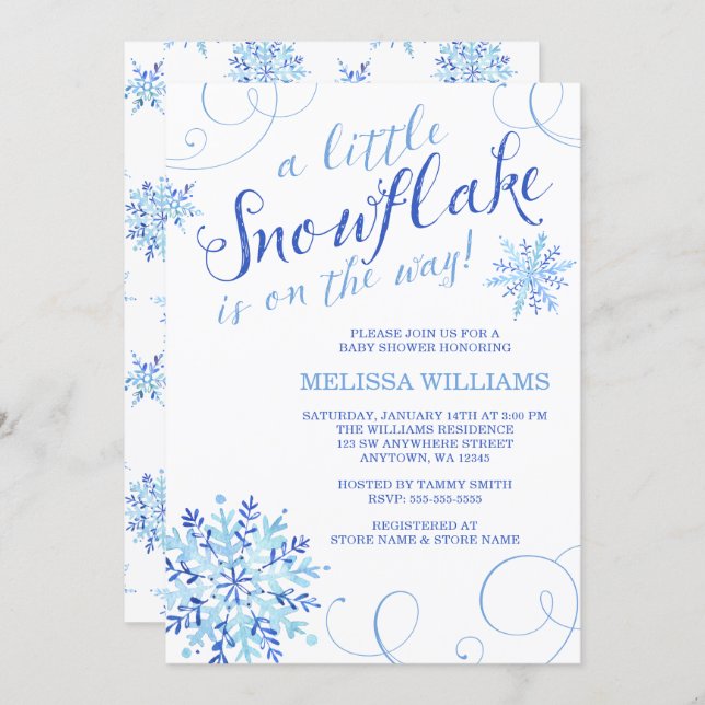 Watercolor Little Snowflake Boy Winter Baby Shower Invitation (Front/Back)