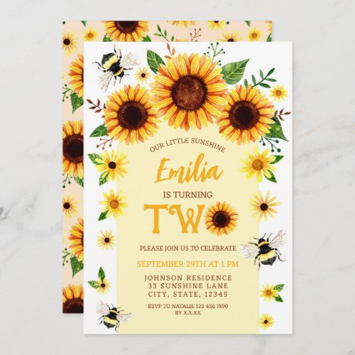 Watercolor Little Sunflower Girls 2nd Birthday  Invitation