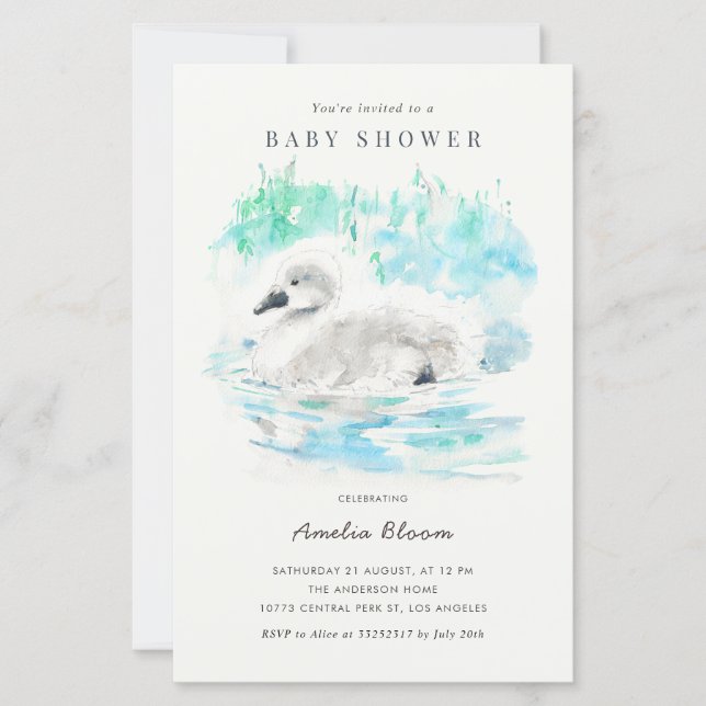 Watercolor Little Swan Baby Shower Invitation (Front)