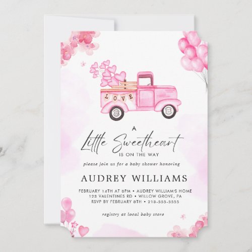 Watercolor Little Sweetheart Pink Car Baby Shower Invitation