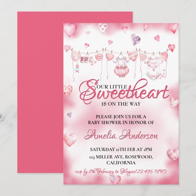 Watercolor Little Sweetheart Valentine Baby Shower Invitation (Front/Back)