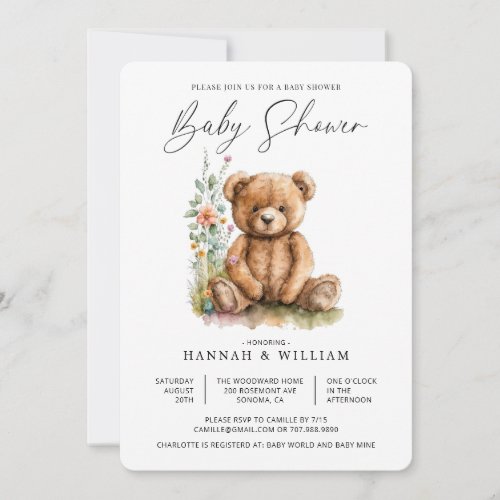 Watercolor Little Teddy Bear Flowers Baby Shower Invitation