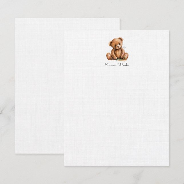 Watercolor Little Teddy Bear Personalized Note Card (Front/Back)