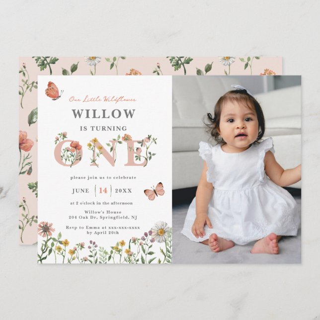 Watercolor Little Wildflower 1st Birthday  Invitation (Front/Back)