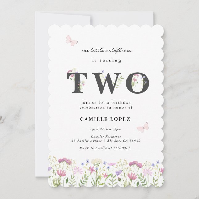 Watercolor Little Wildflower 2nd Birthday  Invitation (Front)