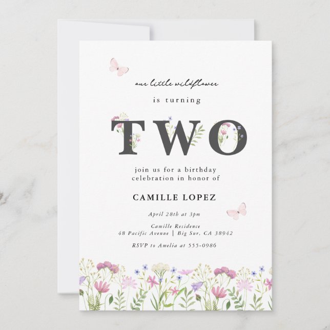 Watercolor Little Wildflower 2nd Birthday  Invitation (Front)
