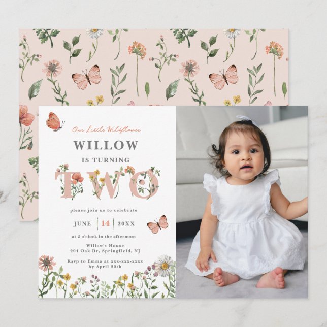 Watercolor Little Wildflower 2nd Birthday Invitation (Front/Back)