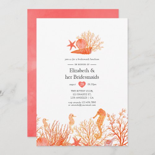 Watercolor Living Coral Beach Bridesmaids Luncheon Invitation