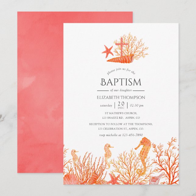 Watercolor Living Coral Under the Sea Baptism Invitation (Front/Back)