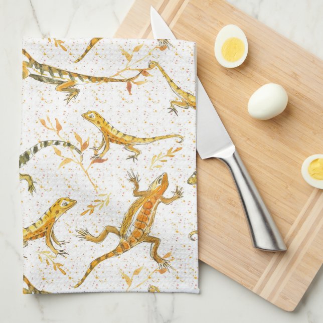 Watercolor Lizards Earth Tone Kitchen Towel (Quarter Fold)