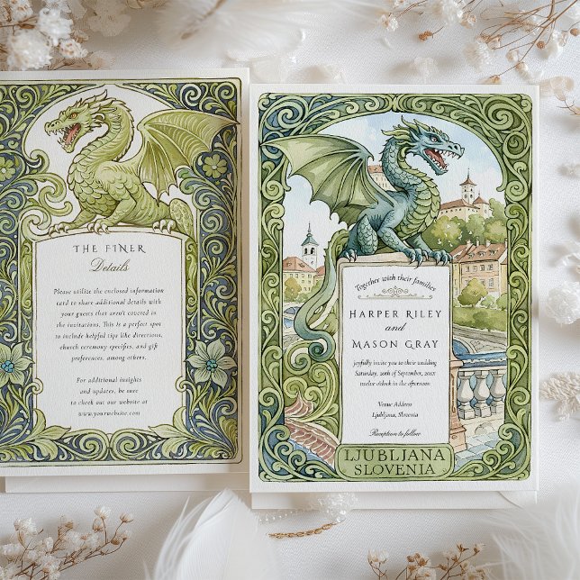 Watercolor Ljubljana Slovenia Dragon Wedding Invitation (Creator Uploaded)