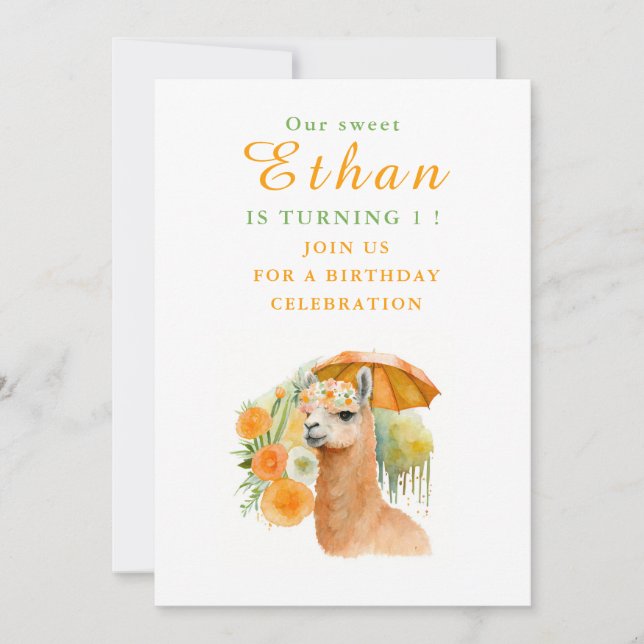 Watercolor Llama Alpaca - Birthday Invitation Card (Front)