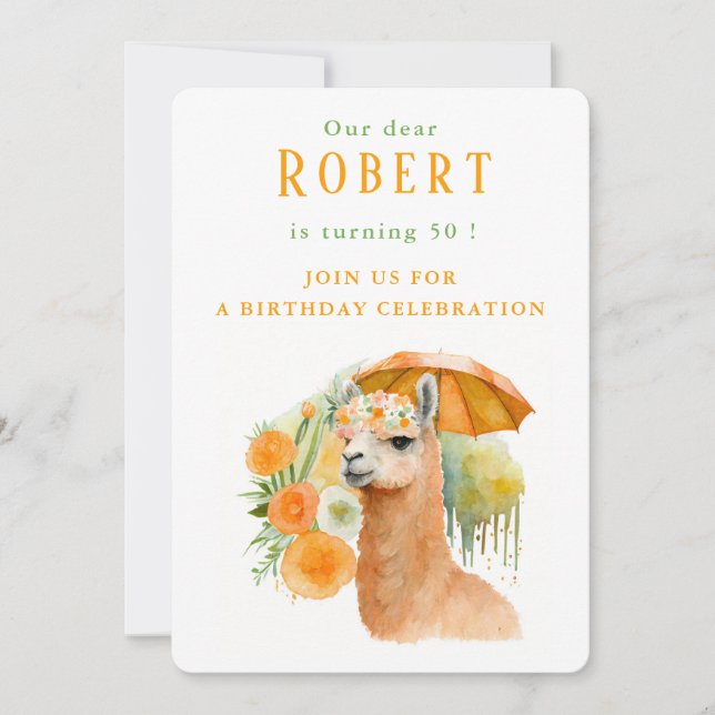 Watercolor Llama Alpaca - Birthday Invitation Card (Front)