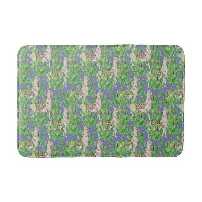 Watercolor Llama & Catus Pattern Bath Mat (Front)