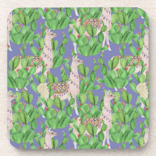 Watercolor Llama & Catus Pattern Beverage Coaster (Front)