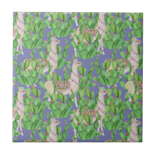 Watercolor Llama & Catus Pattern Ceramic Tile