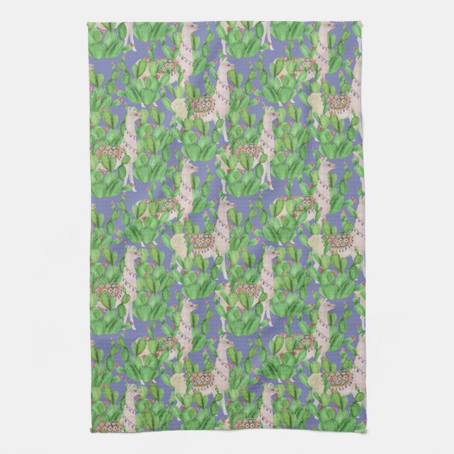 Watercolor Llama & Catus Pattern Kitchen Towel (Vertical)