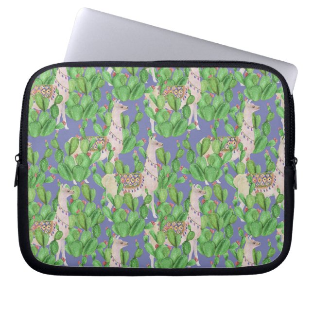 Watercolor Llama & Catus Pattern Laptop Sleeve (Front)