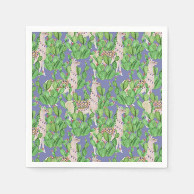 Watercolor Llama & Catus Pattern Napkins (Front)