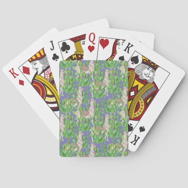 Watercolor Llama & Catus Pattern Poker Cards (Back)