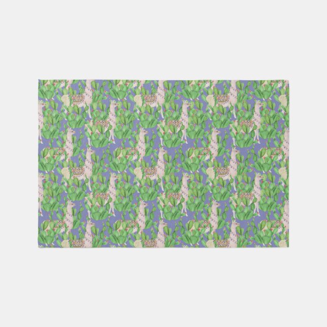 Watercolor Llama & Catus Pattern Rug (Front)