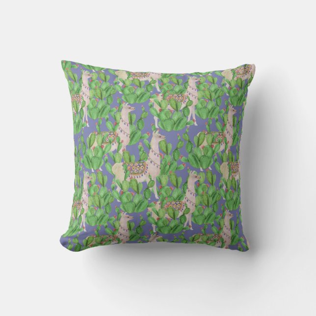 Watercolor Llama & Catus Pattern Throw Pillow (Front)