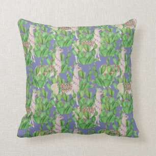 Watercolor Llama & Catus Pattern Throw Pillow