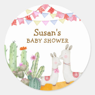 Watercolor Llama Desert Cactus Fiesta Baby Shower  Classic Round Sticker