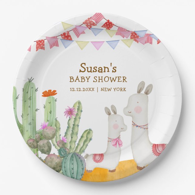 Watercolor Llama Desert Cactus Fiesta Baby Shower  Paper Plates (Front)