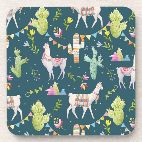 Watercolor Llama Flag Pattern Beverage Coaster