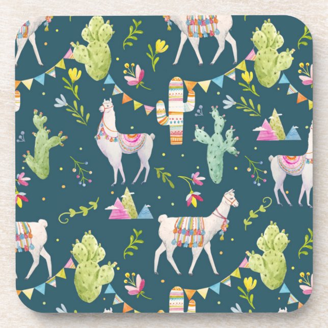 Watercolor Llama Flag Pattern Beverage Coaster (Front)