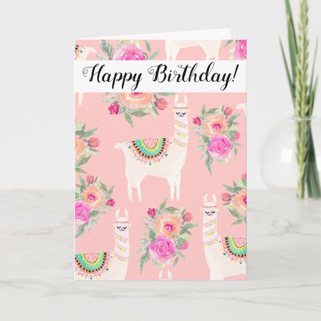 Watercolor Llama Floral Birthday Card (Front)