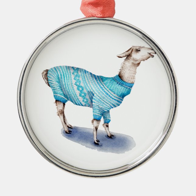 Watercolor Llama in Blue Sweater Metal Ornament (Front)