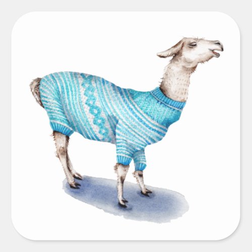 Watercolor Llama in Blue Sweater Square Sticker