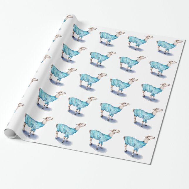 Watercolor Llama in Blue Sweater Wrapping Paper (Unrolled)