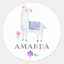 Watercolor Llama Kids Birthday Party Classic Round Sticker