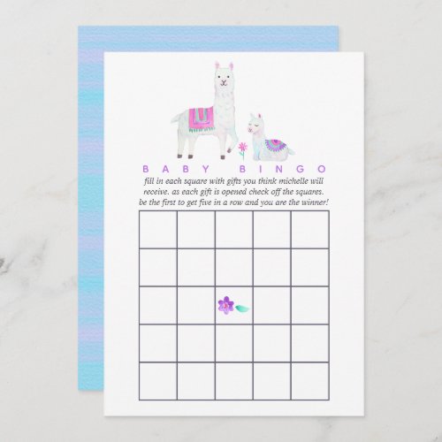 Watercolor Llama themed Baby Shower Bingo Invitation