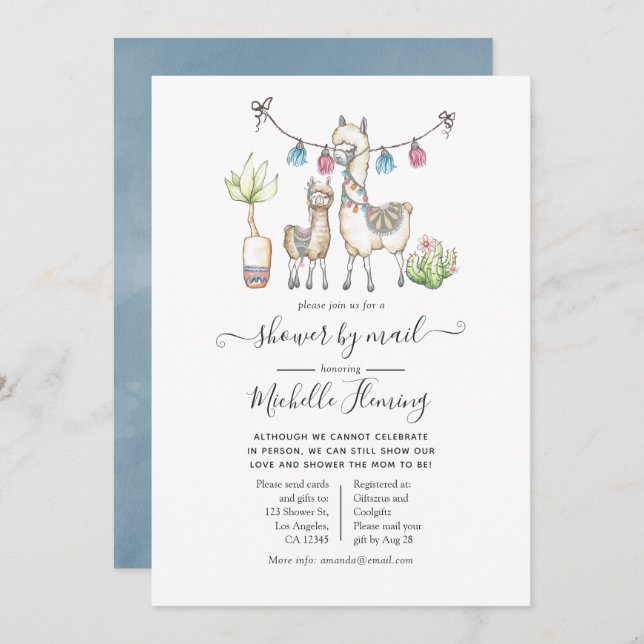 Watercolor Llama themed Baby Shower by Mail Invitation (Front/Back)