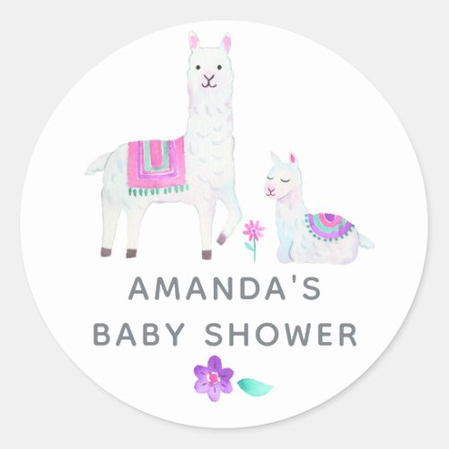 Watercolor Llama themed Baby Shower Classic Round Sticker