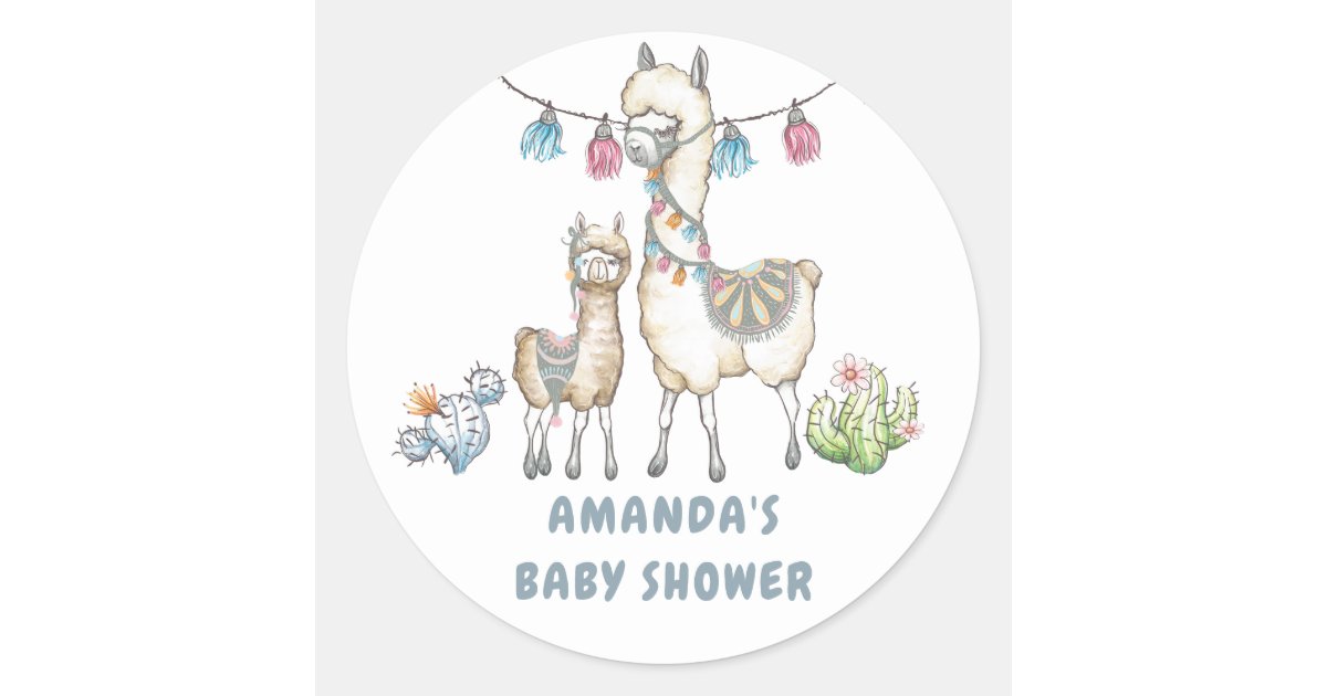 Watercolor Llama themed Baby Shower Classic Round Sticker | Zazzle