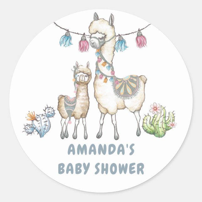 Watercolor Llama themed Baby Shower Classic Round Sticker (Front)