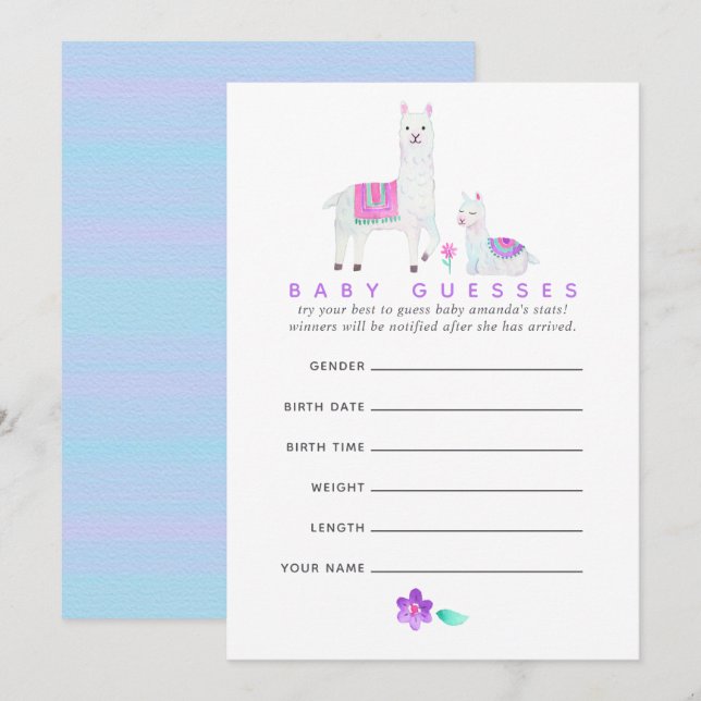Watercolor Llama themed Baby Shower Guessing Game Invitation (Front/Back)