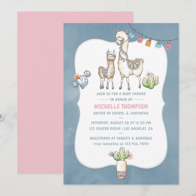 Watercolor Llama themed Baby Shower Invitation (Front/Back)